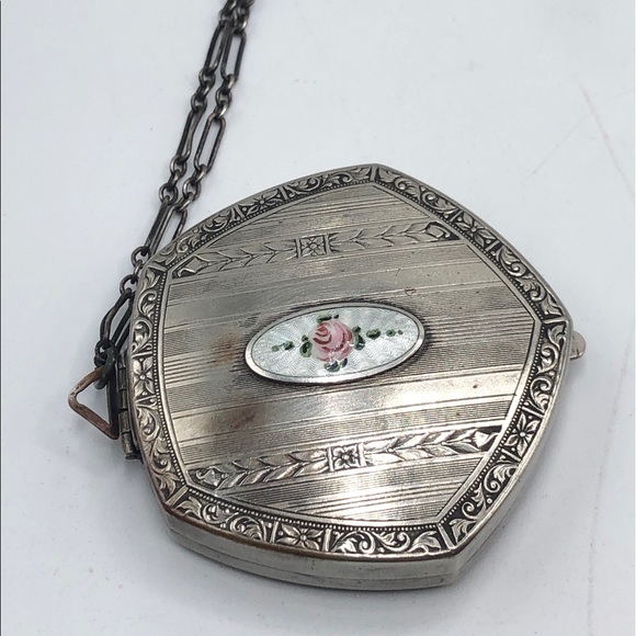 Antique Art Deco Enamel Silver Compact Wristlet - Picture 2 of 7